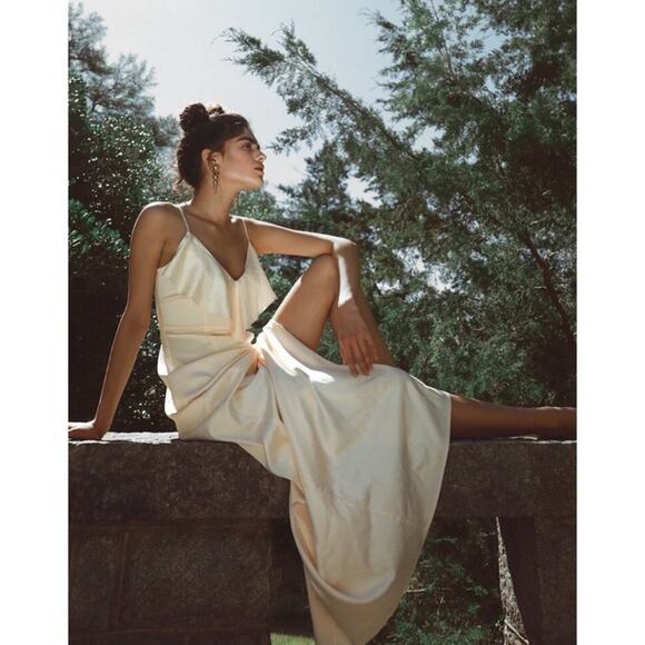 LPA Dresses & Skirts - LPA 167 Creamy Ivory Champagne Silk Satin Spandex High Slit Maxi Dress M